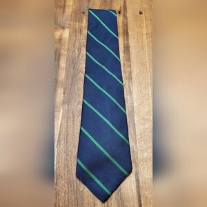 Land's End Navy Green Striped Made in USA Silk Neck Tie